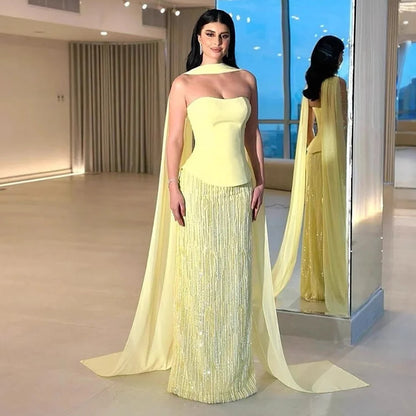 Luxury Yellow Chiffon Mermaid Evening Dress with Cape LA73007 - SERENE HILL