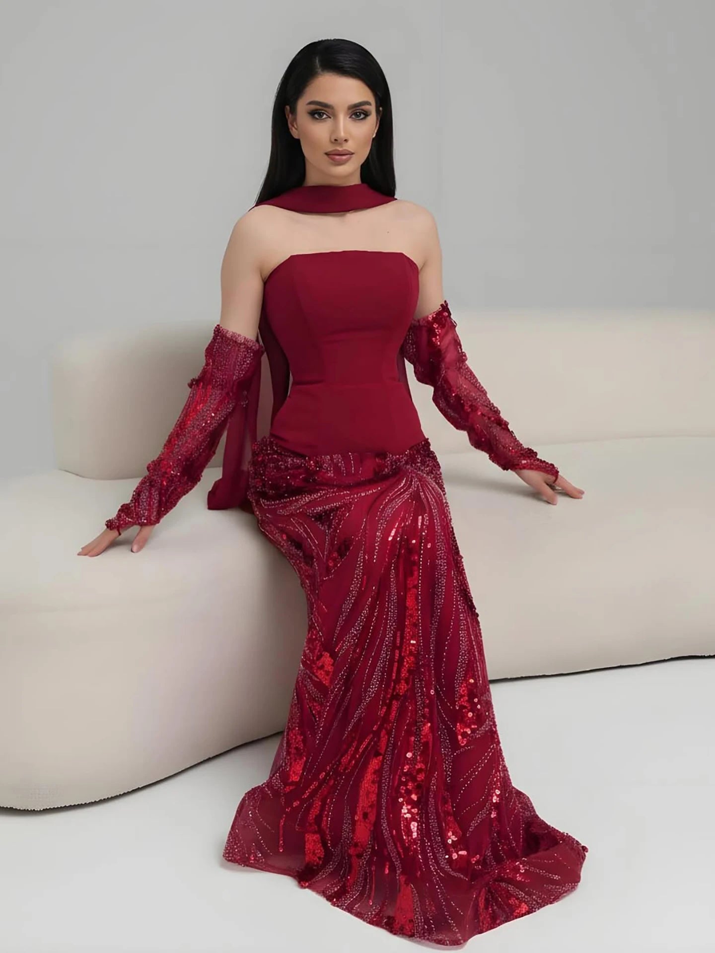 Luxury Wine Red Mermaid Evening Dress With Gloves LA73050E - SERENE HILL