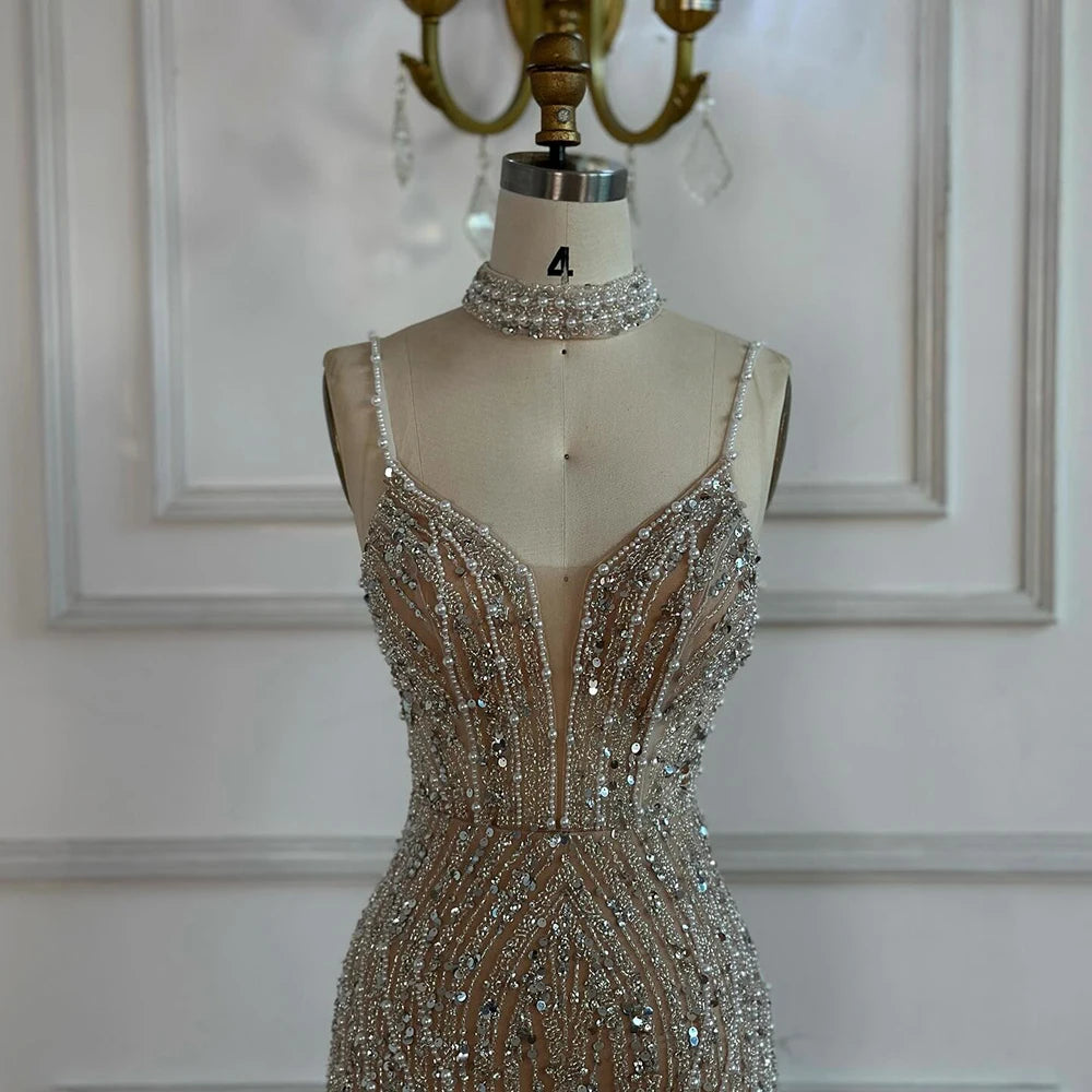 White Nude Beaded Evening Dress with Spaghetti Straps LA72047D - SERENE HILL