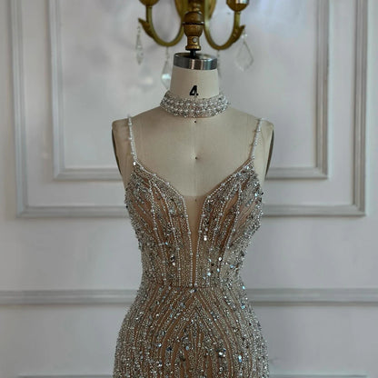 White Nude Beaded Evening Dress with Spaghetti Straps LA72047D - SERENE HILL