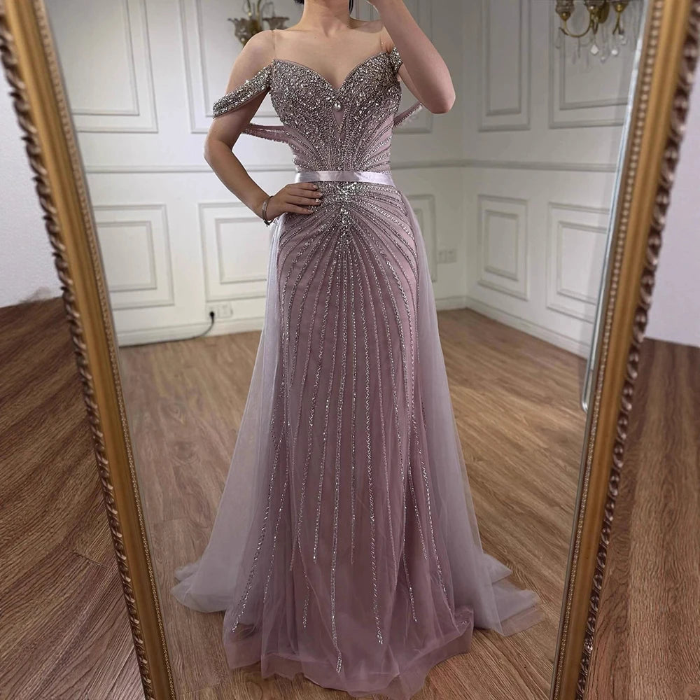 Luxury Nude Arabic Crystal Beaded Mermaid Off Shoulder Evening Dress LA73128 - SERENE HILL
