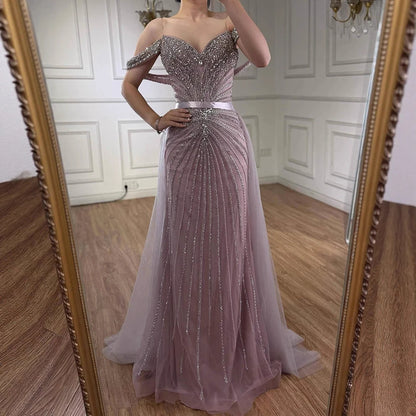 Luxury Nude Arabic Crystal Beaded Mermaid Off Shoulder Evening Dress LA73128 - SERENE HILL