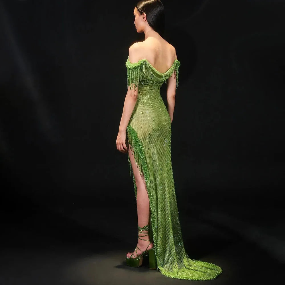 Serene Hill Arabic Green Crystal Tassel Saudi Evening Dresses Gowns High Split Prom Dress for Women Wedding Party 2025 LA72490 - SERENE HILL