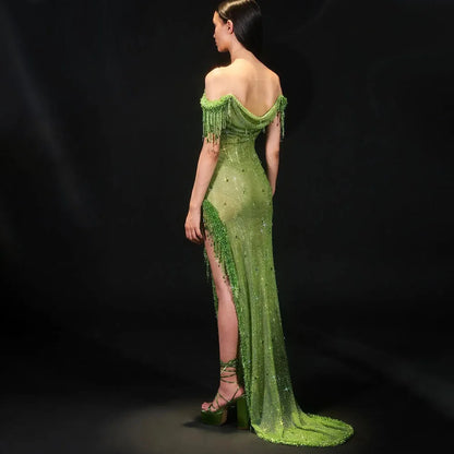 Serene Hill Arabic Green Crystal Tassel Saudi Evening Dresses Gowns High Split Prom Dress for Women Wedding Party 2025 LA72490 - SERENE HILL