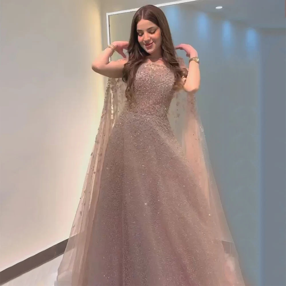 Luxury Dubai Saudi Arabic Turquoise Evening Gown with Beaded Dress and Elegant Hooded Cape for Formal Occasion LA72659A - SERENE HILL