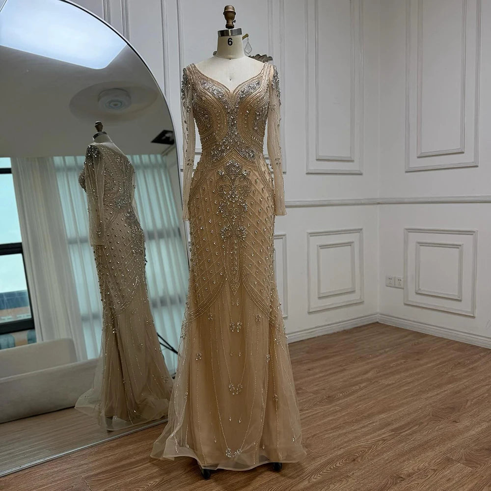 Luxury Nude Long Sleeve Beaded Mermaid Evening Dress LA73155 - SERENE HILL
