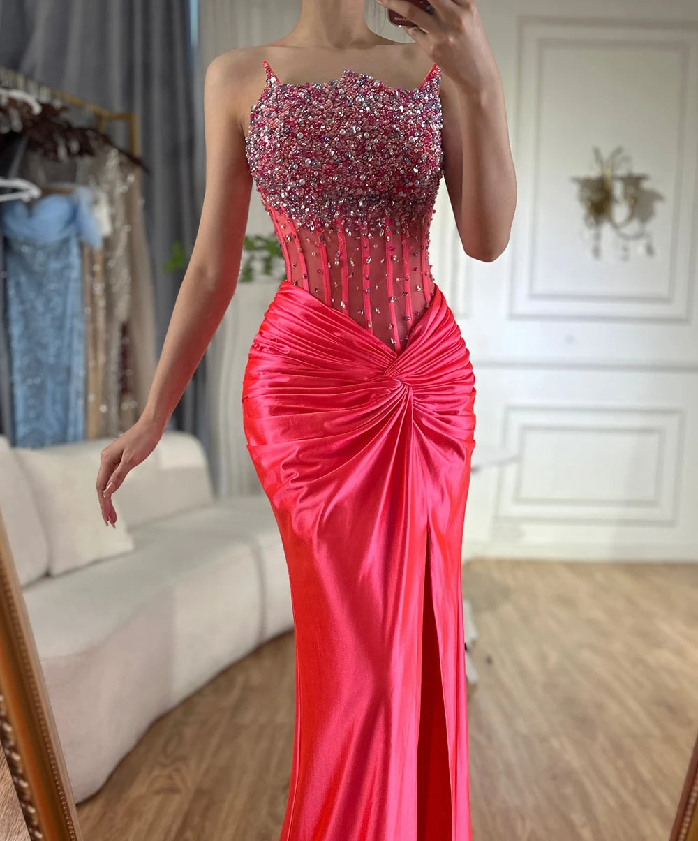 Serene Hill 2025 Arabic Fuchsia Side Split Beaded Mermaid Luxury Dubai Evening Gown for Women&