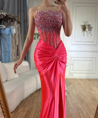Serene Hill 2025 Arabic Fuchsia Side Split Beaded Mermaid Luxury Dubai Evening Gown for Women&