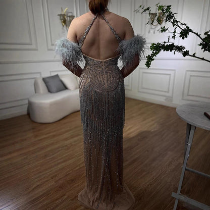 Luxury Silver Nude Mermaid Evening Dress with Beaded Tassel LA72083 - SERENE HILL