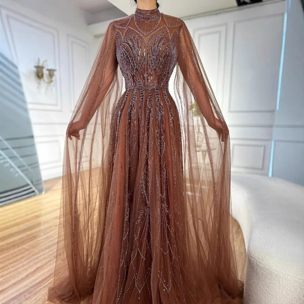 Luxury Brown Beaded Evening Gown with Cape Arabic Style LA72951 - SERENE HILL
