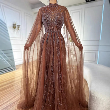 Luxury Brown Beaded Evening Gown with Cape Arabic Style LA72951 - SERENE HILL