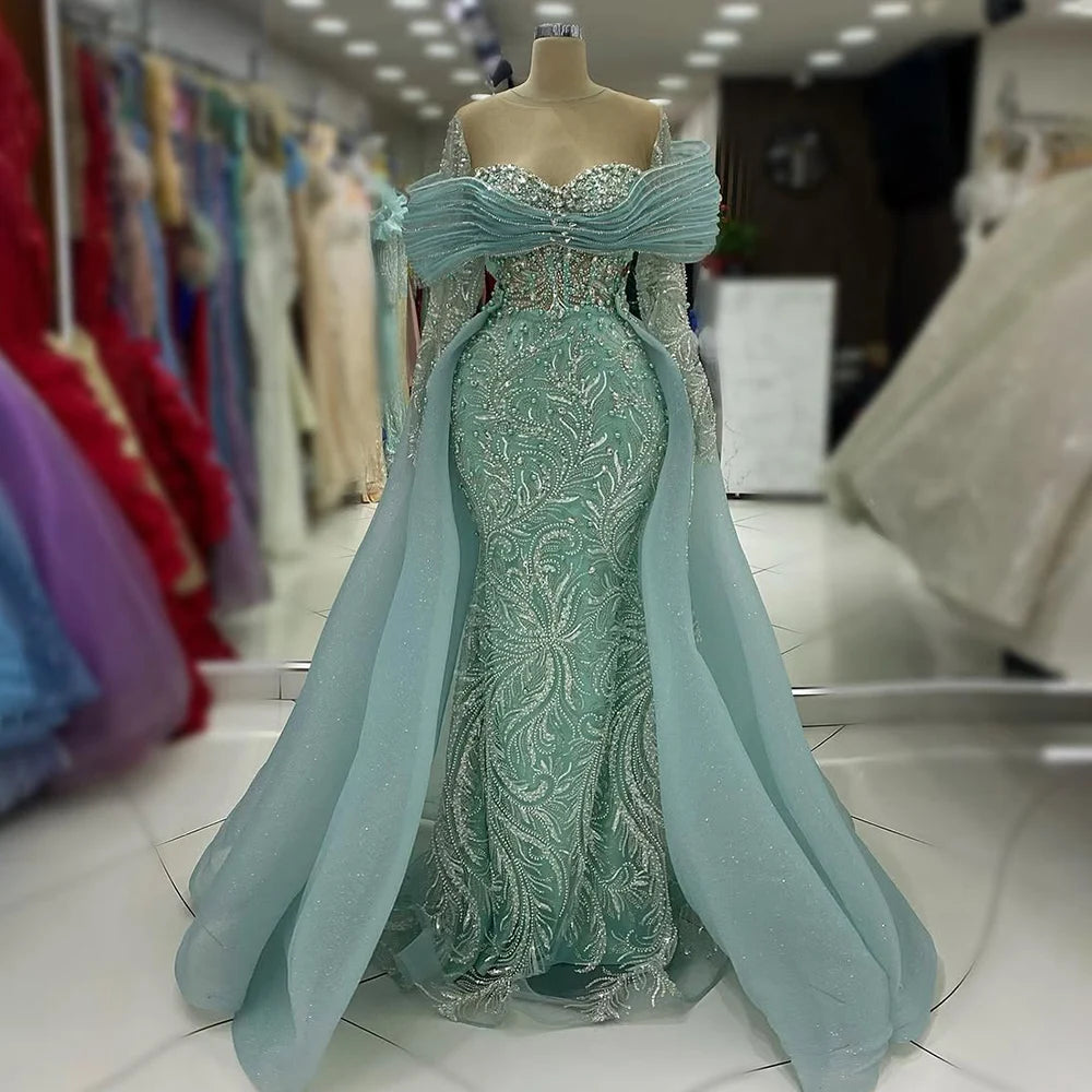 Luxury Blue Designer Evening Dress with Long Sleeves Overskirt LA72841 - SERENE HILL