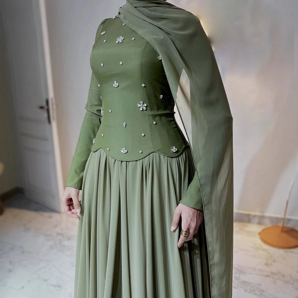 Luxury Olive Green Beaded Evening Dress with Cape LA73217 - SERENE HILL