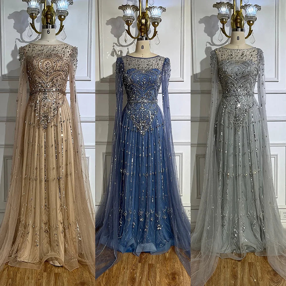 Luxury Designer Blue Beaded Stone Arabic Evening Dress With Cape Sleeve LA72635 - SERENE HILL