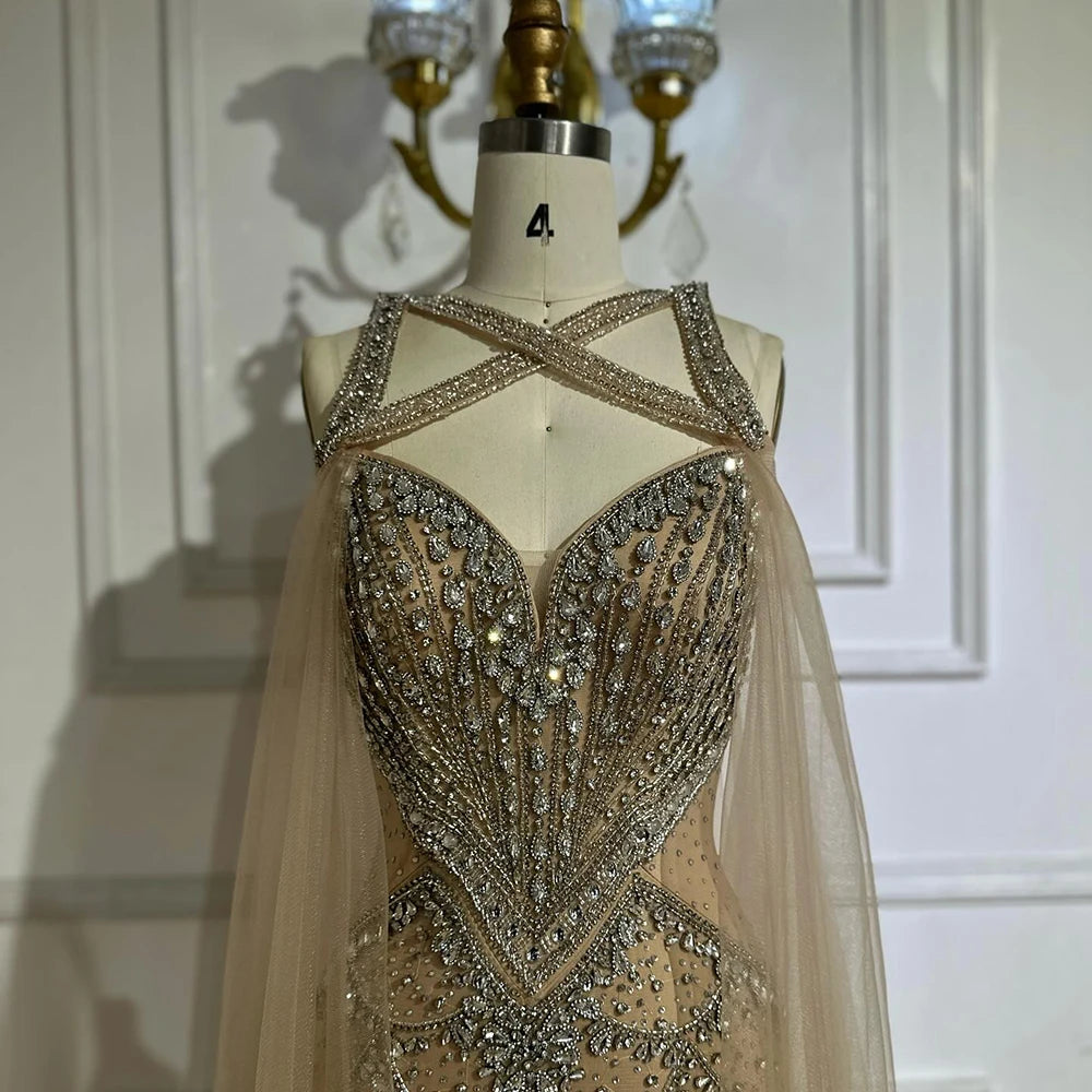 Luxury Nude Cape Sleeves Beaded Crystal Evening Dress LA72806 - SERENE HILL
