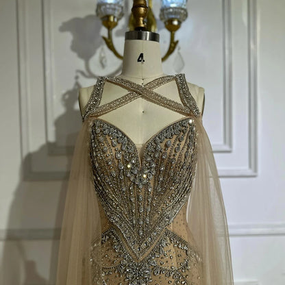 Luxury Nude Cape Sleeves Beaded Crystal Evening Dress LA72806 - SERENE HILL