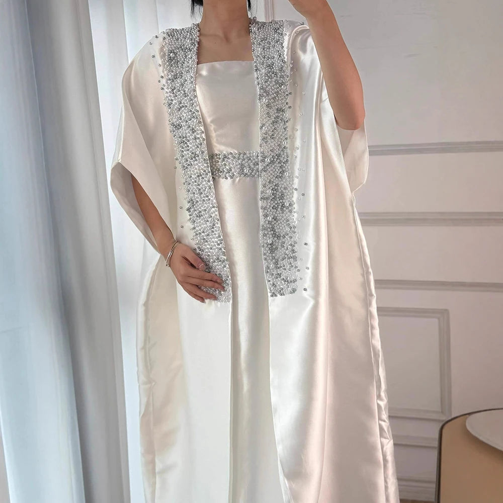 Luxury Dubai White Satin Mermaid Evening Dress with Long Cape LA72825 - SERENE HILL