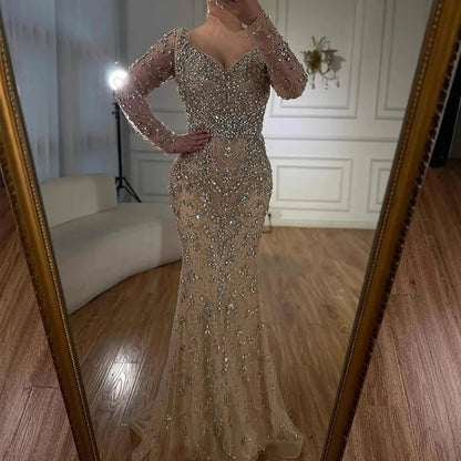 Luxury Nude Beaded Crystal Evening Dress with Long Sleeves LA73042 - SERENE HILL