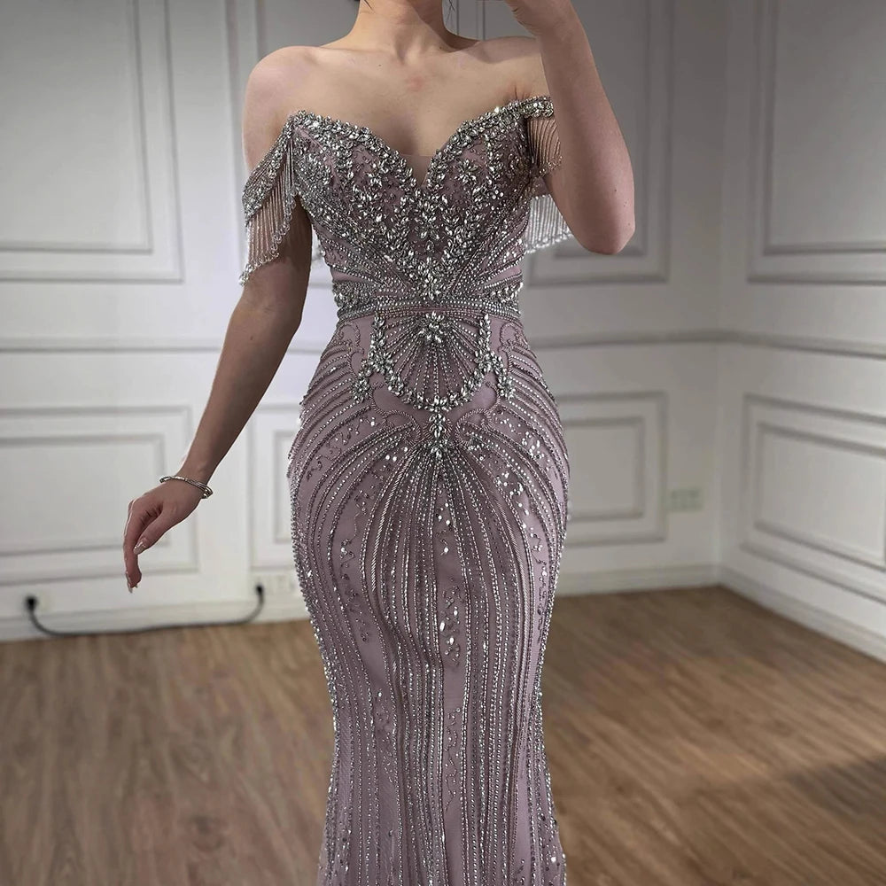 Luxury Pink Crystal Tassel Off Shoulder Evening Dress Dubai LA73204 - SERENE HILL