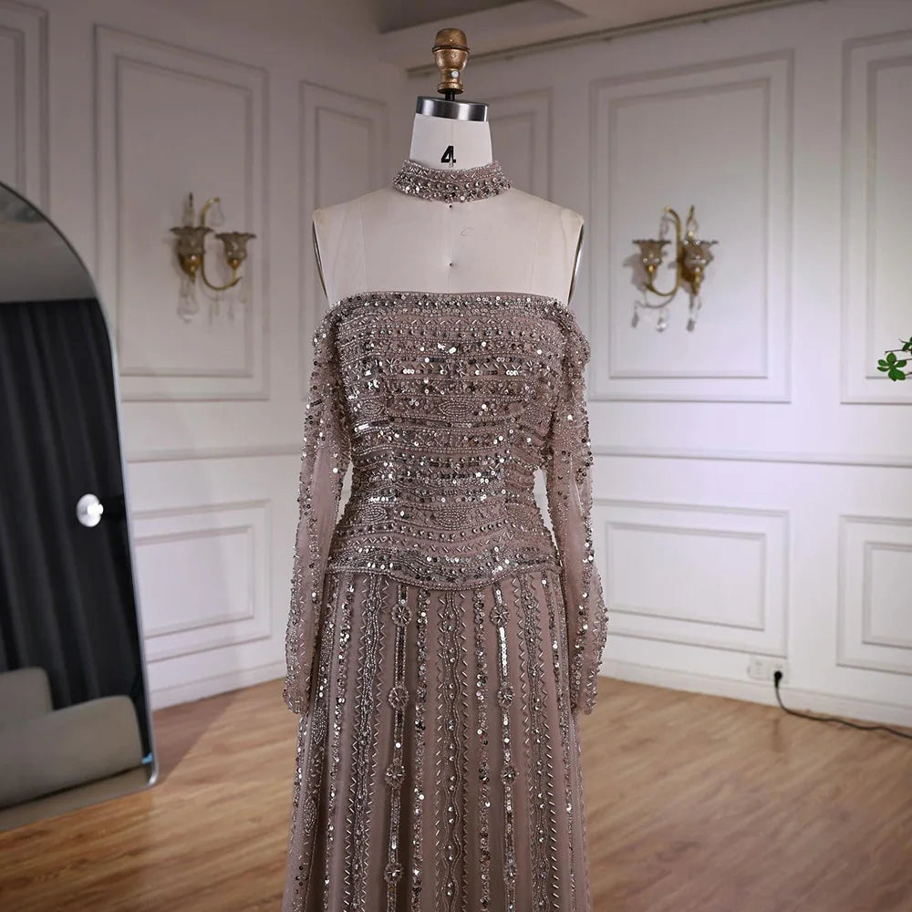 Luxury Caramel Off Shoulder Beaded Mermaid Evening Dress Long Sleeves LA73053 - SERENE HILL