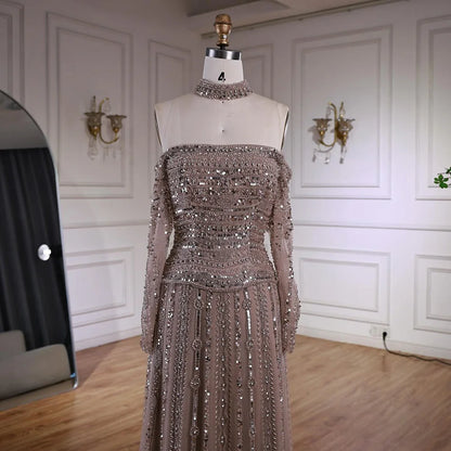 Luxury Caramel Off Shoulder Beaded Mermaid Evening Dress Long Sleeves LA73053 - SERENE HILL