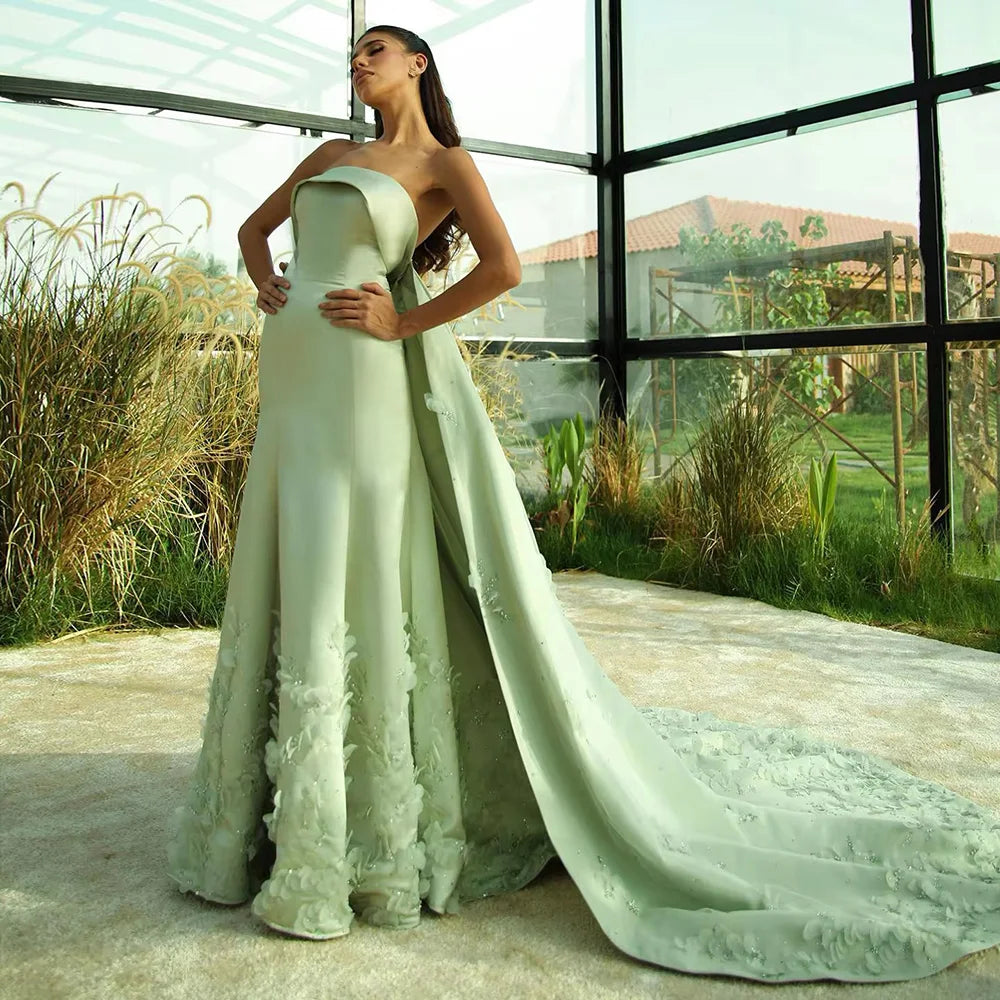 Luxury Dubai Arabic Sage Green Satin A Line Luxury Crystal Appliques Evening Gown for Formal Occasion LA72724 - SERENE HILL
