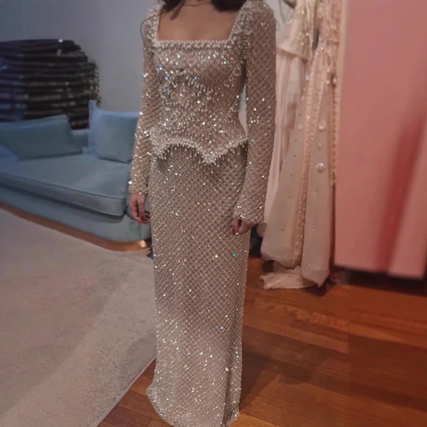 Modest Pearl Beaded Mermaid Evening Dress with Long Sleeves LA72919A