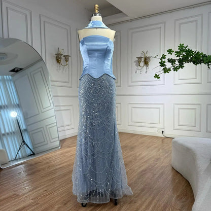 Blue Arabic Dubai Designer A-Line Evening Dress for Women Party LA73216 - SERENE HILL