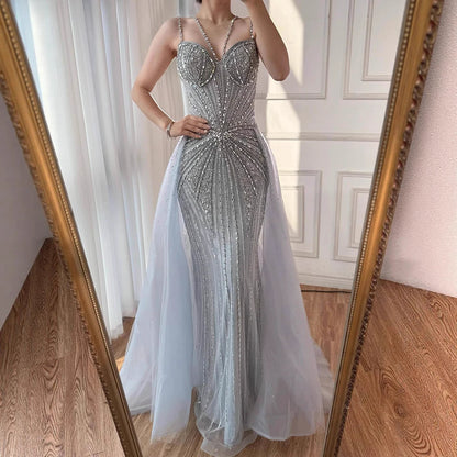 Luxury Nude Spaghetti Strap Mermaid Evening Dress with Overskirt Beaded LA73090 - SERENE HILL