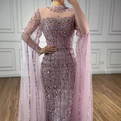 Luxury Nude Beaded Evening Dress with Long Cape Sleeves LA72714A - SERENE HILL