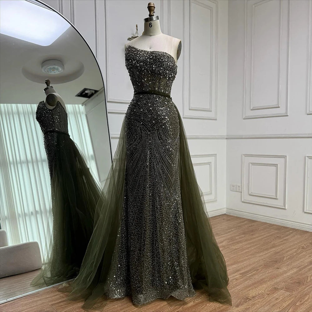 Luxury Olive Green Beaded Mermaid Evening Dress with Detachable Overskirt LA73164A - SERENE HILL