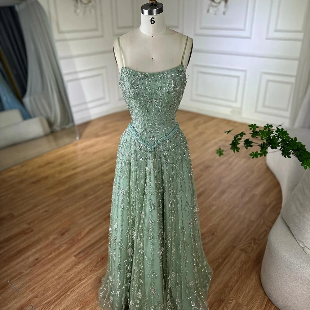 Luxury Sage Green Beaded A-Line Spaghetti Strap Evening Dress LA72805 - SERENE HILL