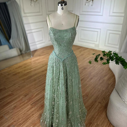 Luxury Sage Green Beaded A-Line Spaghetti Strap Evening Dress LA72805 - SERENE HILL