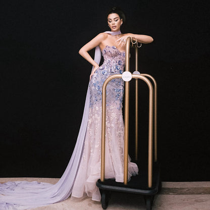 Luxury Lilac 3D Flower Evening Dress with Cape LA73345 - SERENE HILL