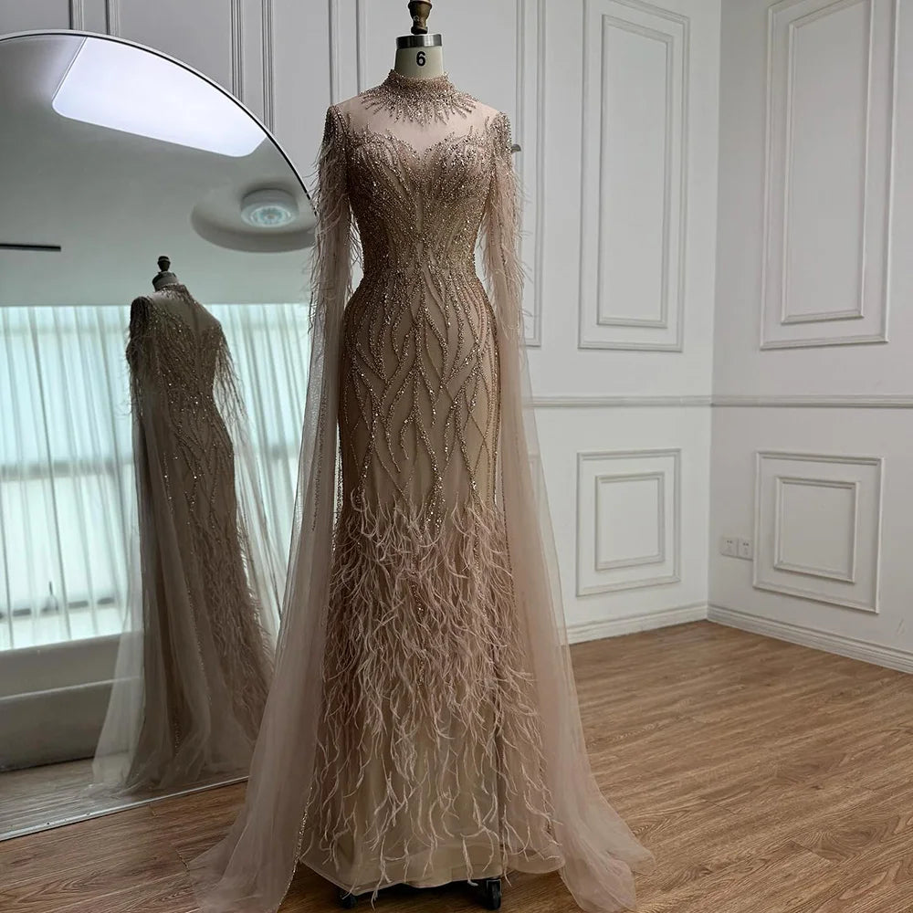 Luxury Nude Feather Beaded High Neck Formal Evening Dress for Women LA71885C - SERENE HILL