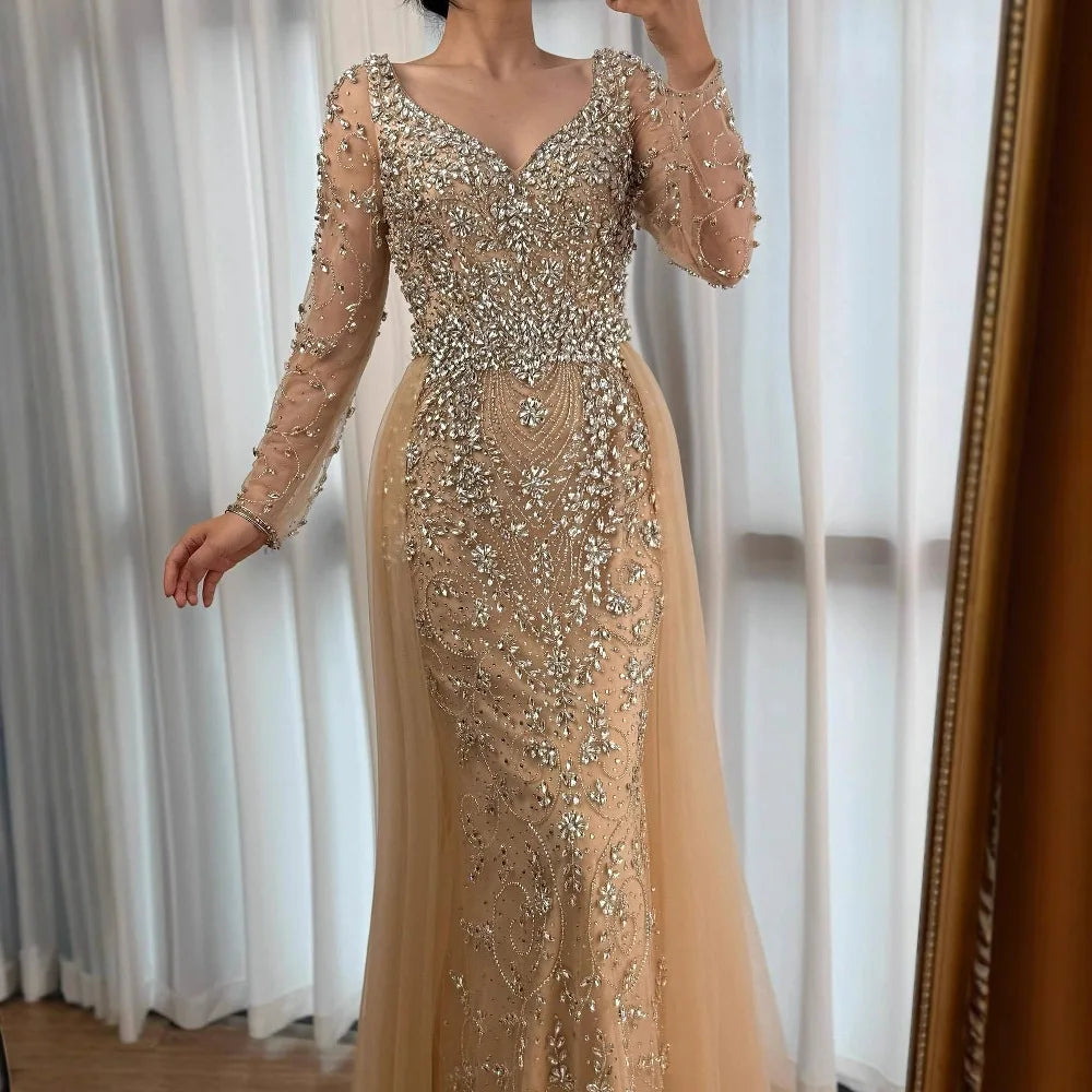 Luxury Nude Beaded Mermaid Evening Dress with Overskirt LA73042A - SERENE HILL