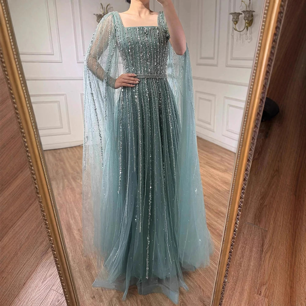 Luxury Dubai Square Neck Beaded Evening Gown with Cape LA73188 - SERENE HILL