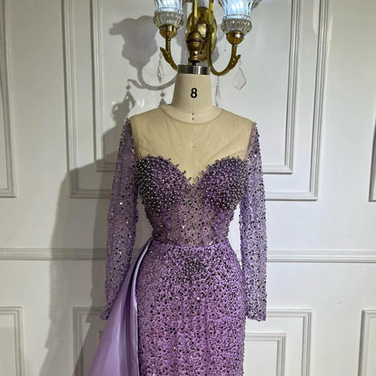 Serene Hill Purple Mermaid Elegant With Overskirt Luxury Pearls Beaded Evening Dresses Gowns for Women Wedding Party LA72429 - SERENE HILL