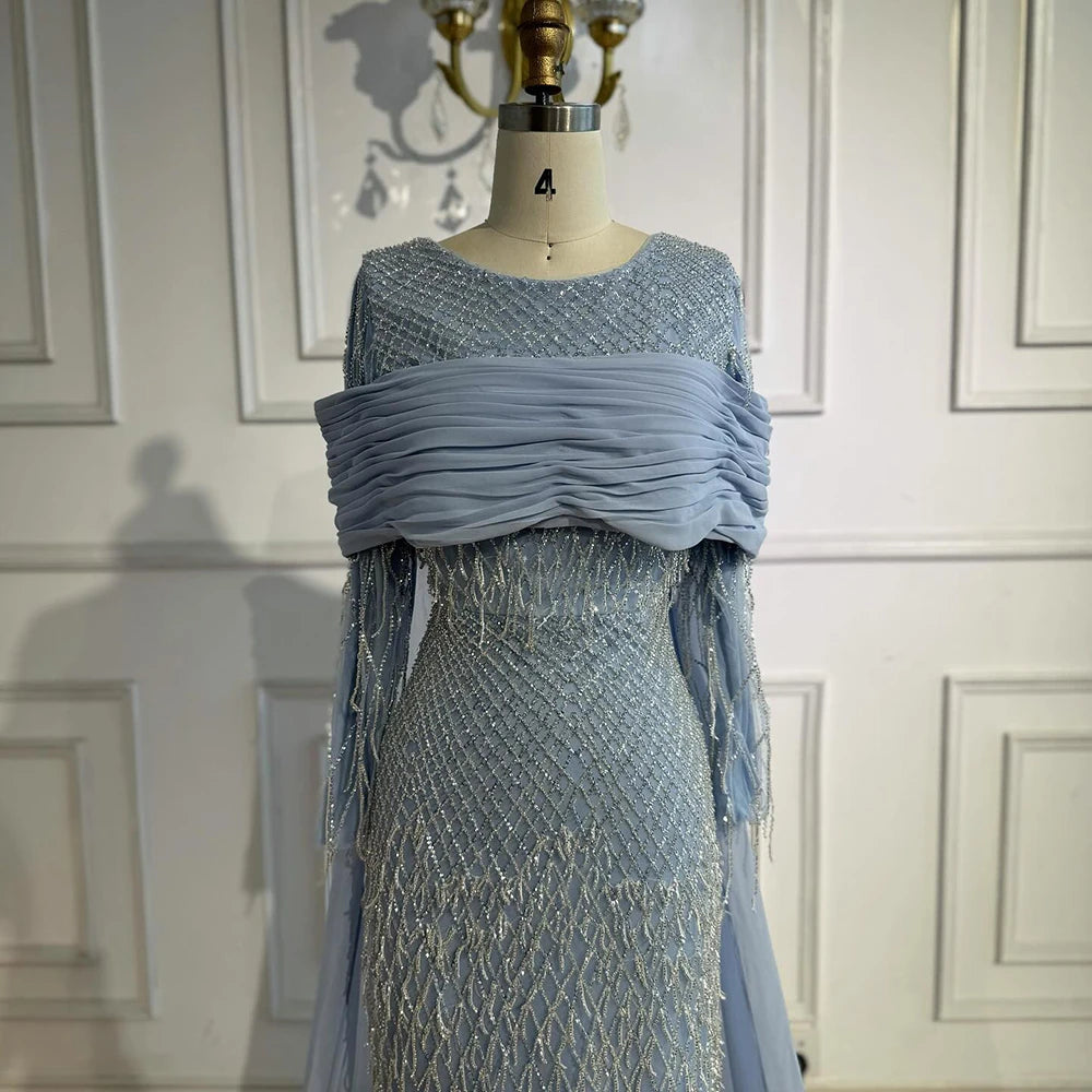 Arabic Blue Mermaid Evening Dress with Beaded Tassels LA72374A - SERENE HILL