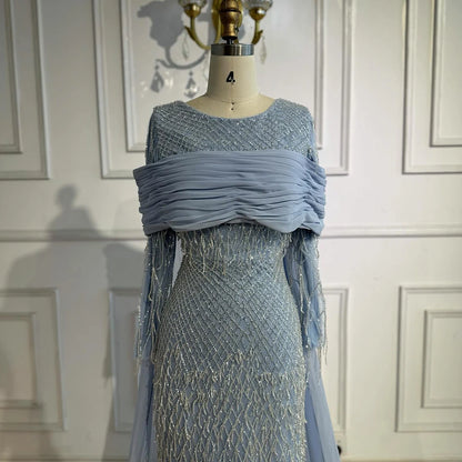 Arabic Blue Mermaid Evening Dress with Beaded Tassels LA72374A - SERENE HILL