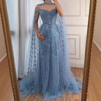 Luxury Blue Sequin Beaded Evening Dress with Cape Sleeves LA73108 - SERENE HILL