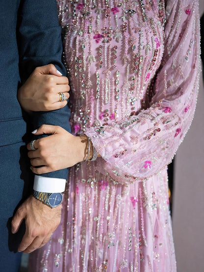 Luxury Pink Arabic Modest Muslim A-Line Crystal Beaded Evening Dress LA73363 - SERENE HILL