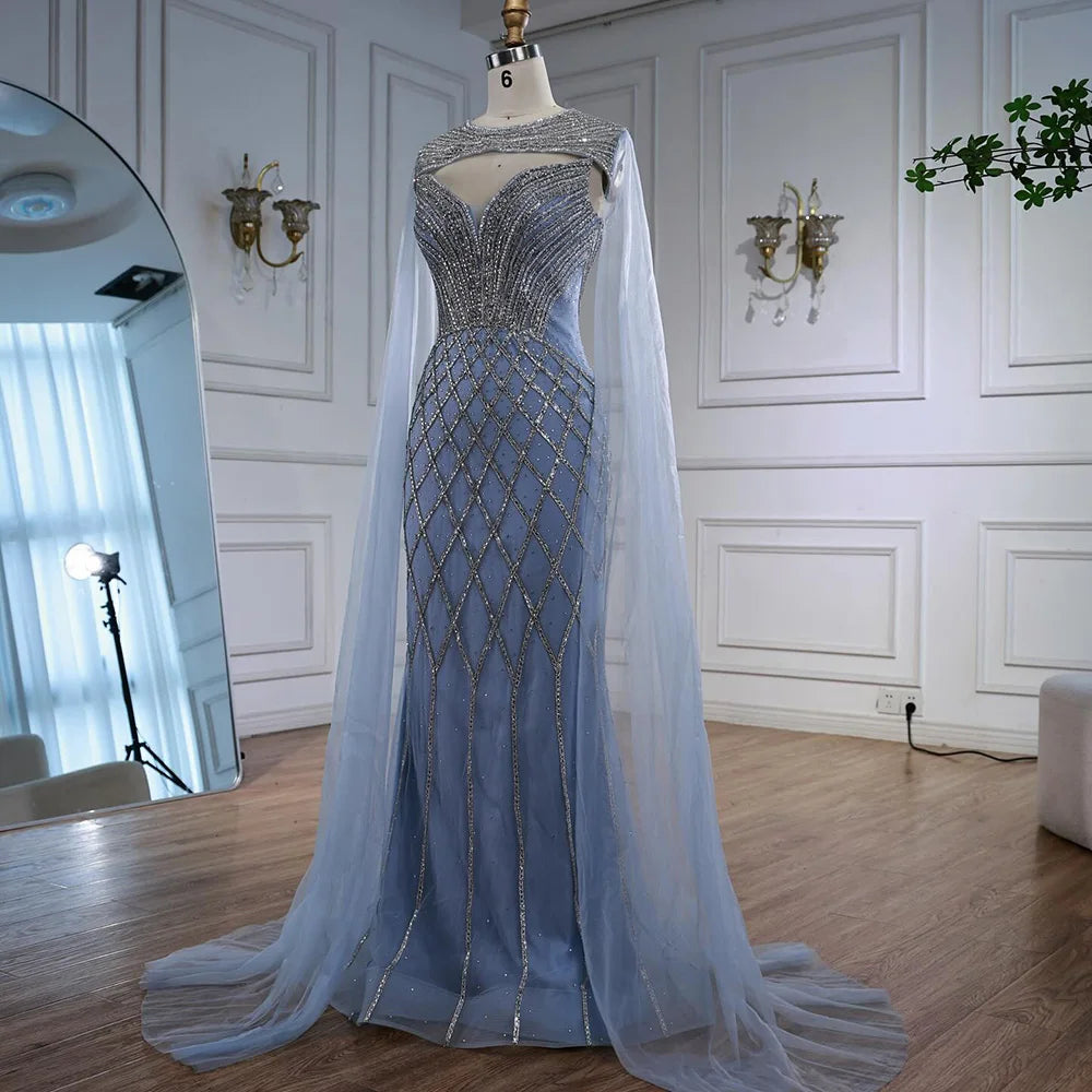 Luxury Nude Beaded Mermaid Evening Dress with Cape LA72814 - SERENE HILL