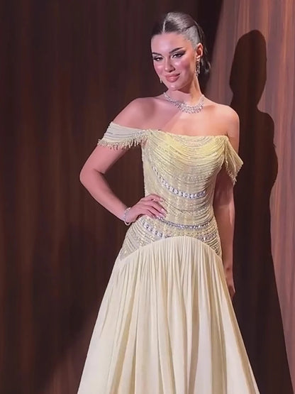 Luxury Evening Dress Yellow Off Shoulder Beaded A-Line Gown LA73350 - SERENE HILL