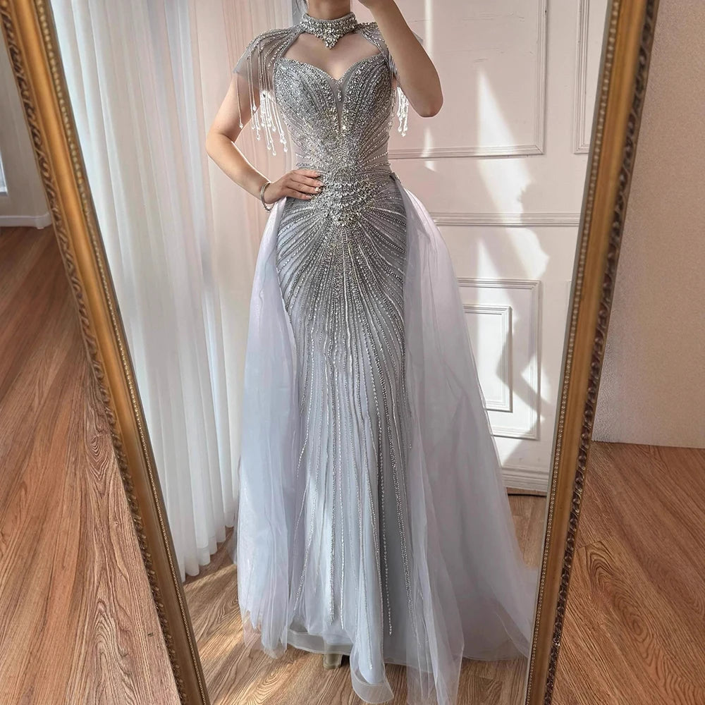 Luxury Nude Beaded Mermaid Evening Dress with Overskirt LA73182 - SERENE HILL