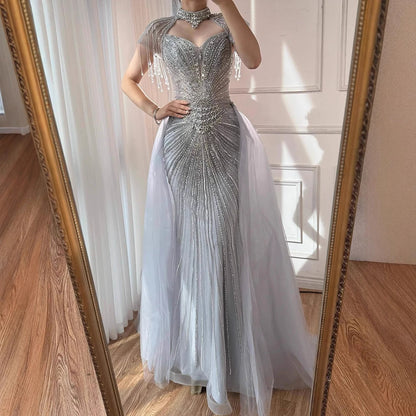 Luxury Nude Beaded Mermaid Evening Dress with Overskirt LA73182 - SERENE HILL