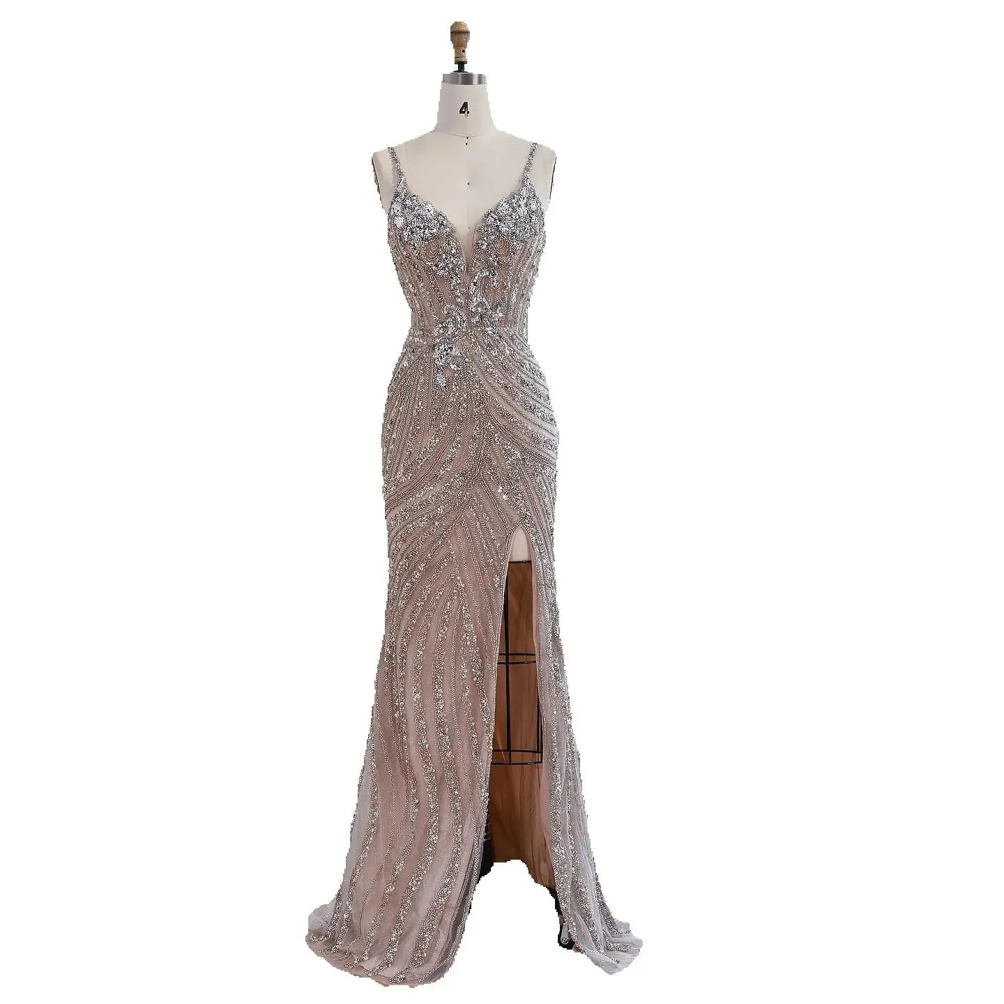 Luxury Nude Beaded High Slit Mermaid Evening Dress LA73340 - SERENE HILL