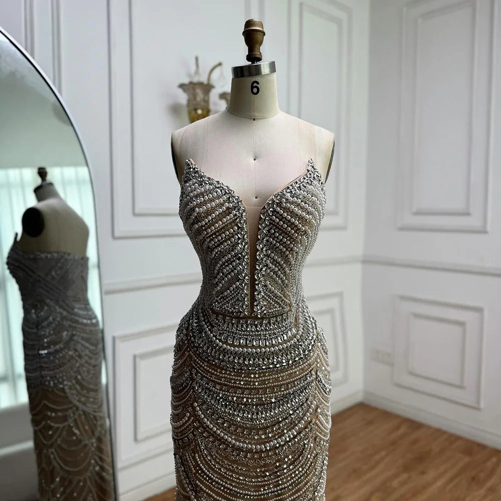 Luxury Nude Silver Beaded Evening Gown with Crystals LA72900 - SERENE HILL
