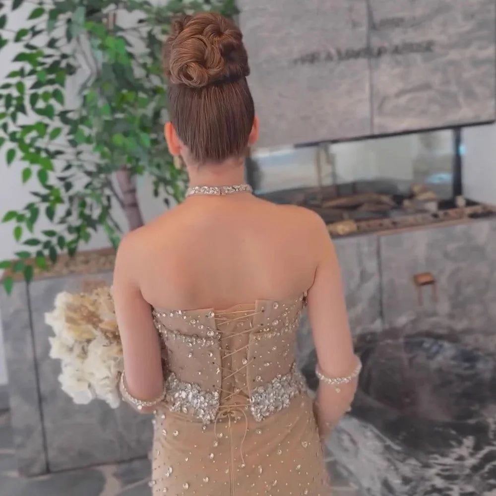 Luxury Nude Crystal Beaded Mermaid Evening Gown with Gloves LA73138 - SERENE HILL