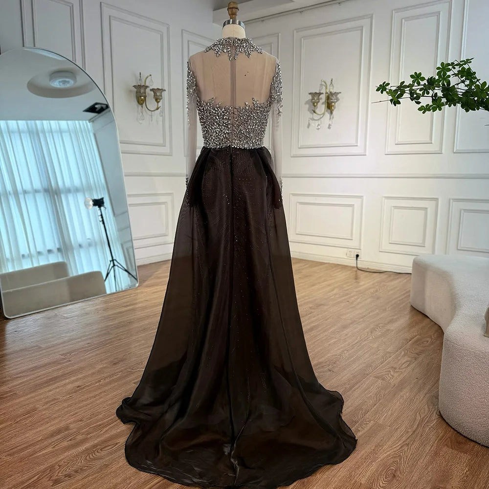 Silver Nude Beaded Long Sleeve Arabic Evening Dress LA72769A - SERENE HILL
